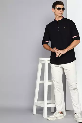 men's black linen cotton short kurta