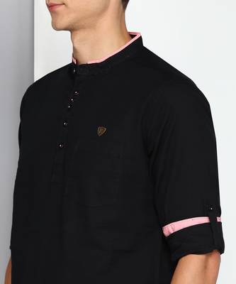 men's black linen cotton short kurta 5