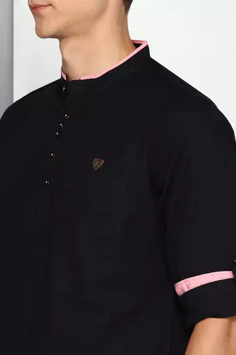 men's black linen cotton short kurta
