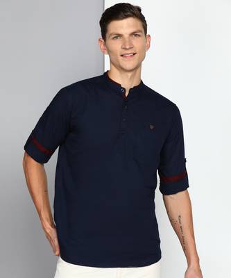 men's midnight blue linen cotton short kurta 1