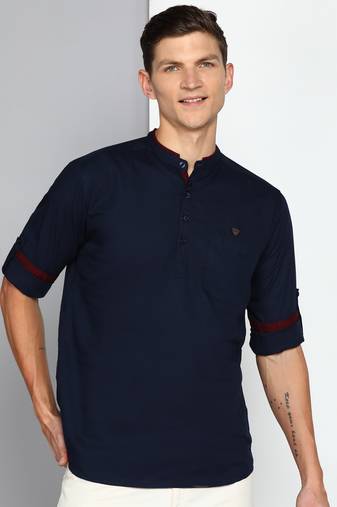 men's midnight blue linen cotton short kurta