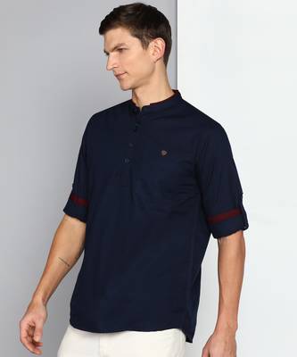 men's midnight blue linen cotton short kurta 3