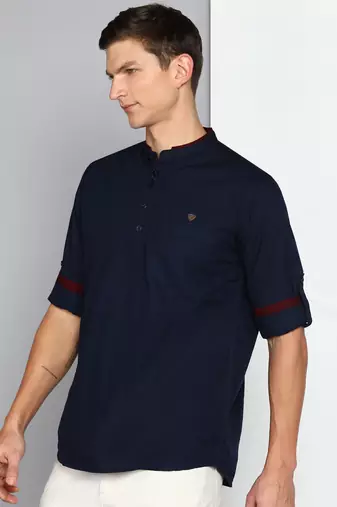 men's midnight blue linen cotton short kurta