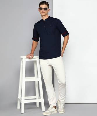 men's midnight blue linen cotton short kurta 4