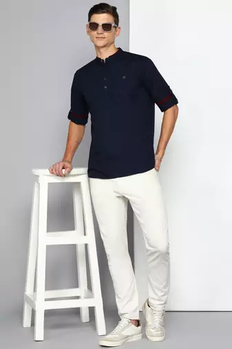 men's midnight blue linen cotton short kurta