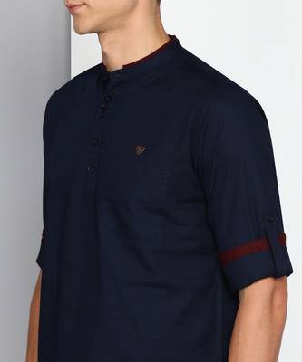 men's midnight blue linen cotton short kurta 5