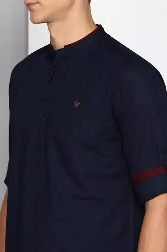 men's midnight blue linen cotton short kurta