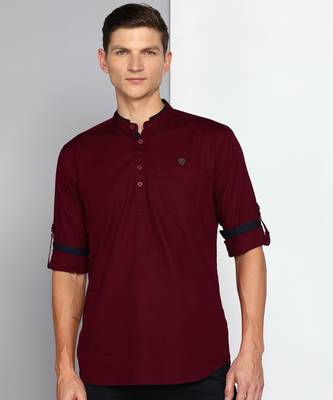 men's maroon linen cotton short kurta 1