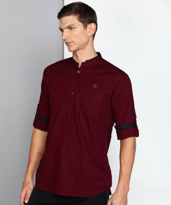 men's maroon linen cotton short kurta 3