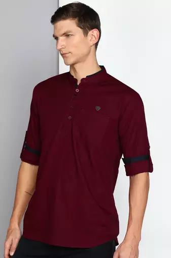 men's maroon linen cotton short kurta