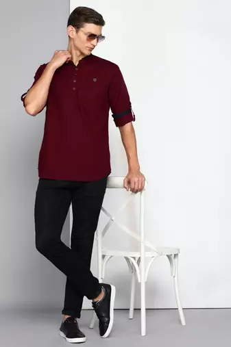 men's maroon linen cotton short kurta