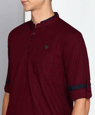 men's maroon linen cotton short kurta 5
