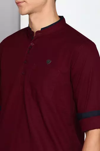 men's maroon linen cotton short kurta