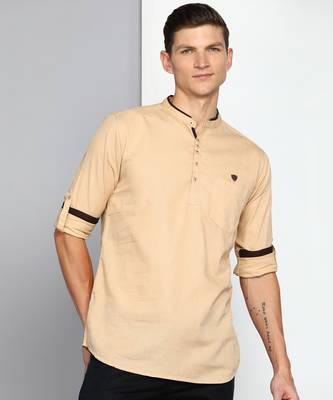 men's tan linen cotton short kurta 1