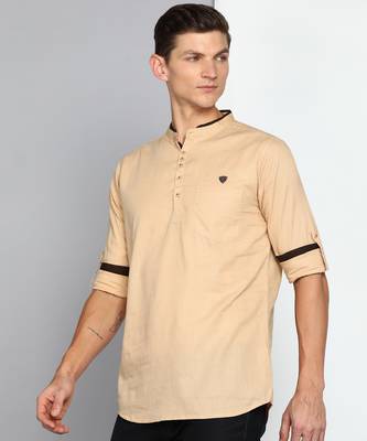 men's tan linen cotton short kurta 3