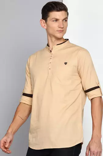 men's tan linen cotton short kurta