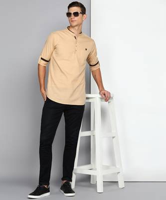 men's tan linen cotton short kurta 4
