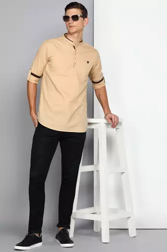 men's tan linen cotton short kurta