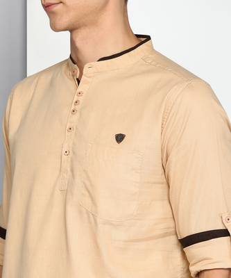 men's tan linen cotton short kurta 5