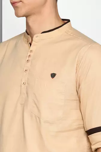 men's tan linen cotton short kurta