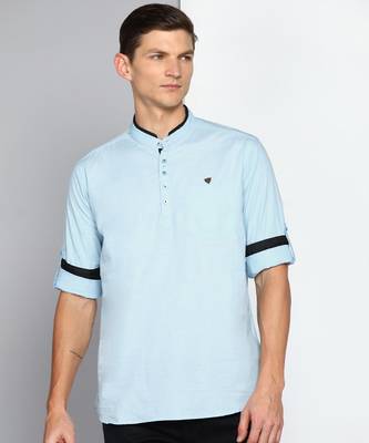 men's sky blue linen cotton short kurta 1