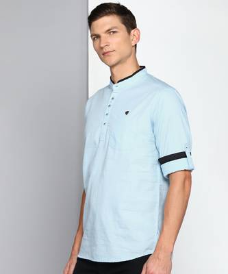 men's sky blue linen cotton short kurta 3