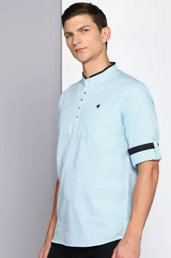 men's sky blue linen cotton short kurta