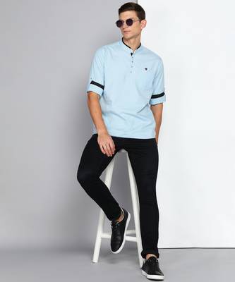 men's sky blue linen cotton short kurta 4