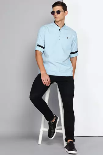 men's sky blue linen cotton short kurta