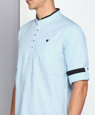 men's sky blue linen cotton short kurta 5