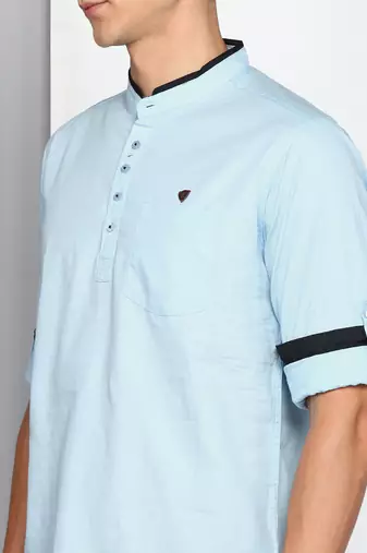 men's sky blue linen cotton short kurta