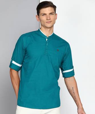 men's teal blue linen cotton short kurta 1