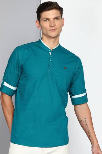 men's teal blue linen cotton short kurta
