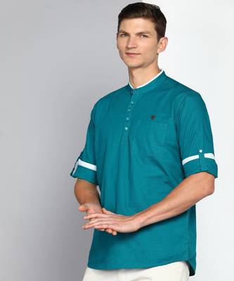 men's teal blue linen cotton short kurta 3