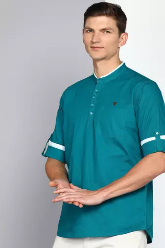 men's teal blue linen cotton short kurta