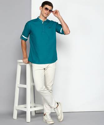 men's teal blue linen cotton short kurta 4