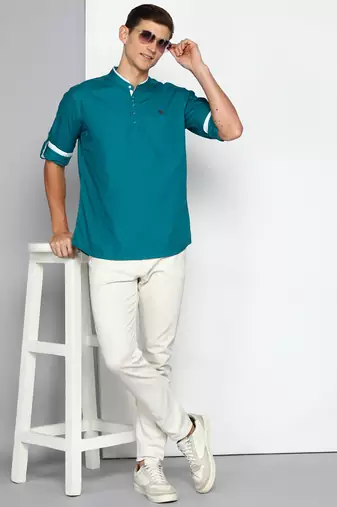 men's teal blue linen cotton short kurta