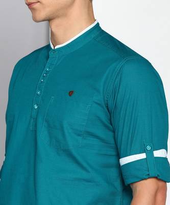 men's teal blue linen cotton short kurta 5