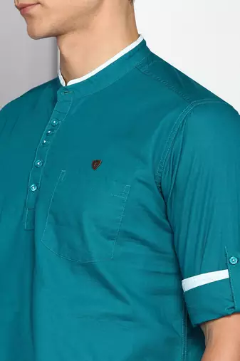 men's teal blue linen cotton short kurta