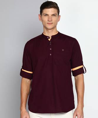 men's plum linen cotton short kurta 1