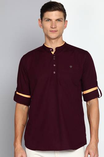 men's plum linen cotton short kurta