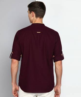 men's plum linen cotton short kurta 2