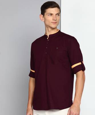 men's plum linen cotton short kurta 3