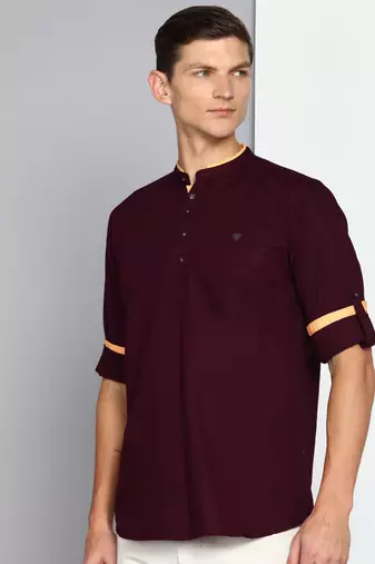 men's plum linen cotton short kurta