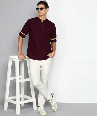 men's plum linen cotton short kurta 4