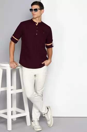 men's plum linen cotton short kurta