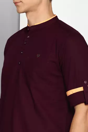 men's plum linen cotton short kurta