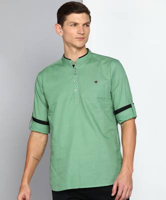 men's fresh green linen cotton short kurta 1