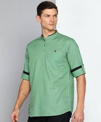 men's fresh green linen cotton short kurta 3
