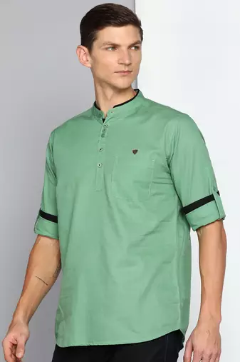 men's fresh green linen cotton short kurta